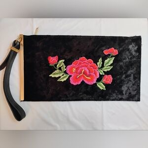 Floral Embroidered Black Clutch